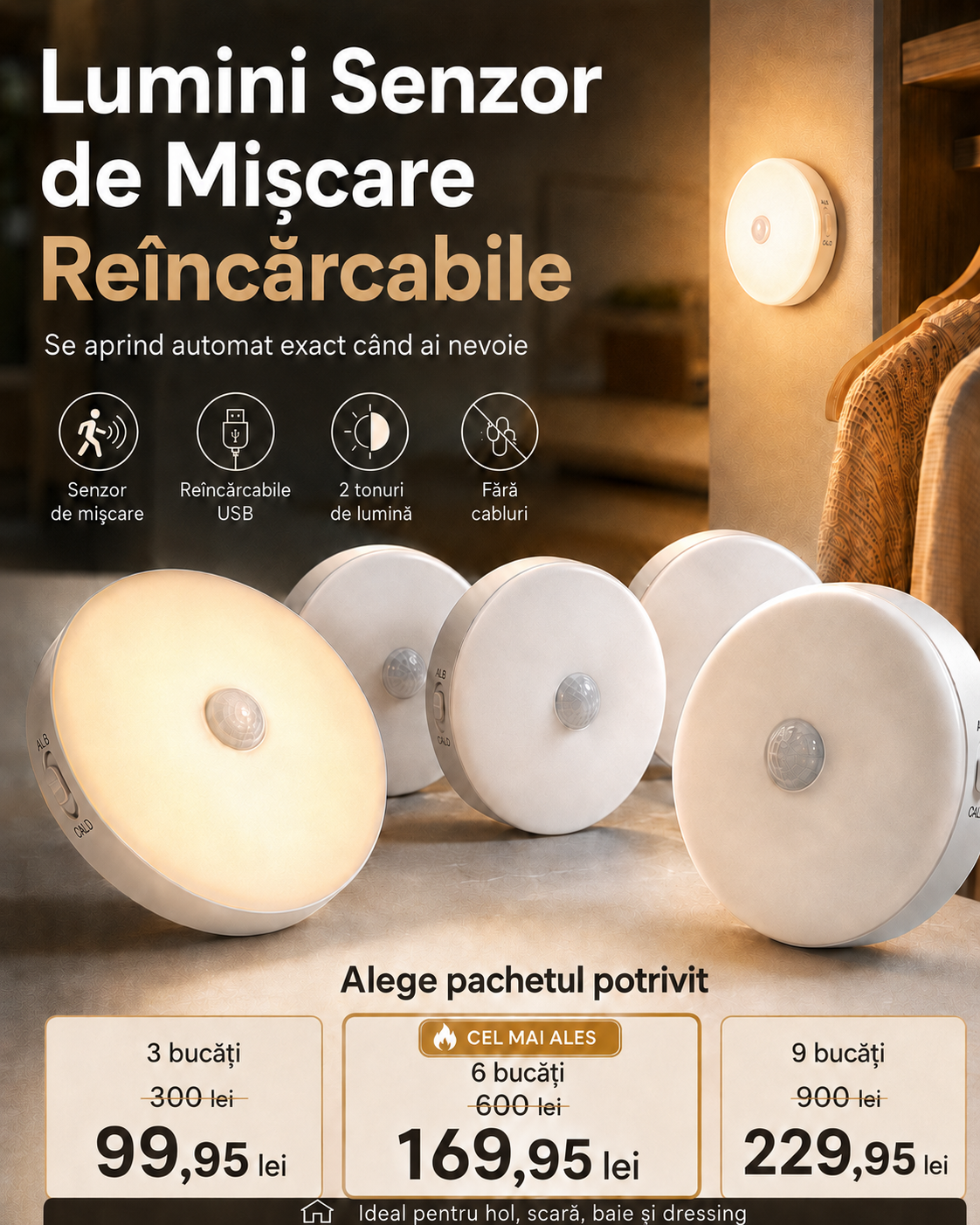 Lumini Senzor de Mișcare Reîncărcabile